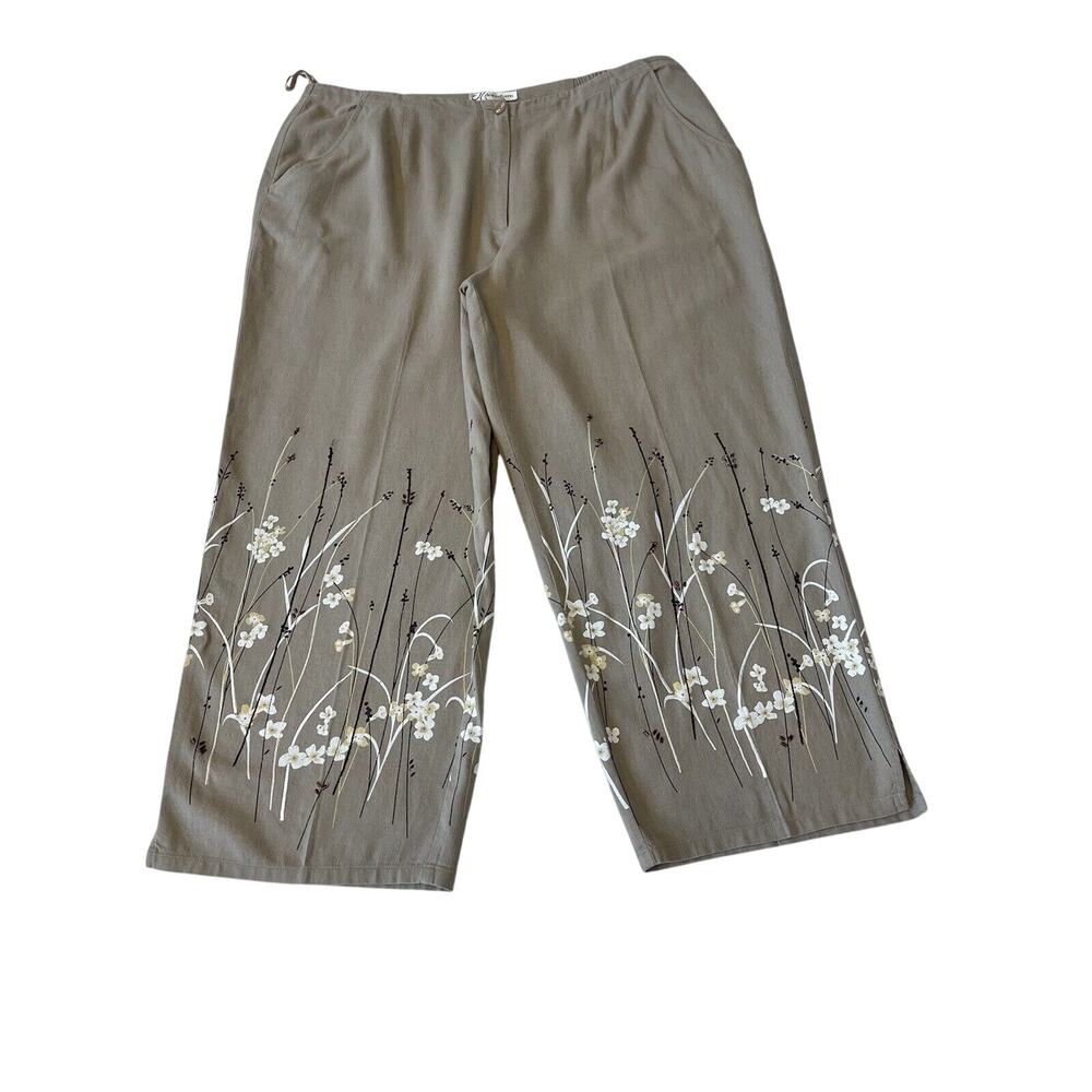 Dressbarn Women's Pull-on Khaki Linen Blend Pant Sz XL Floral Design Crop